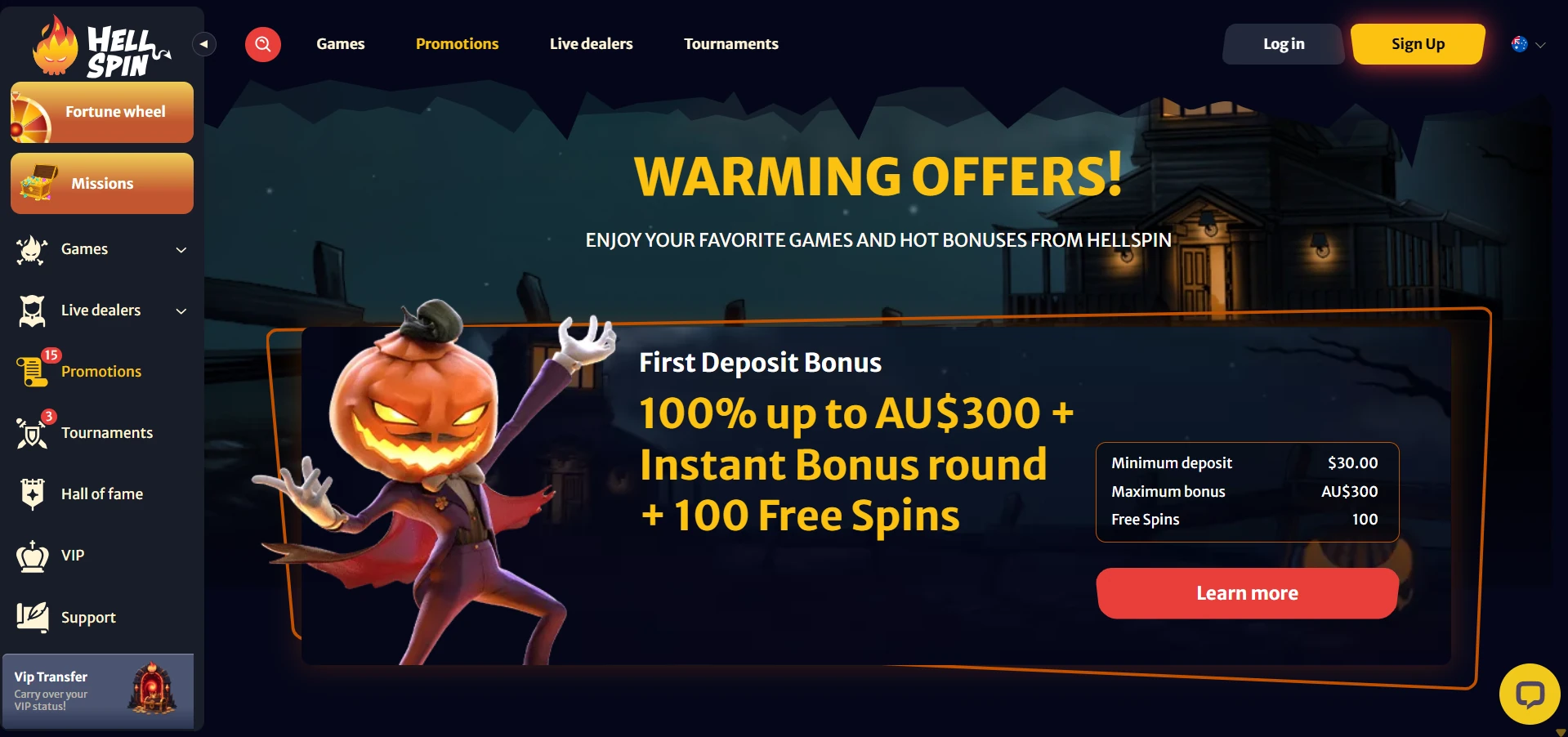Hell Spin bonus page with the welcome package for Australian players