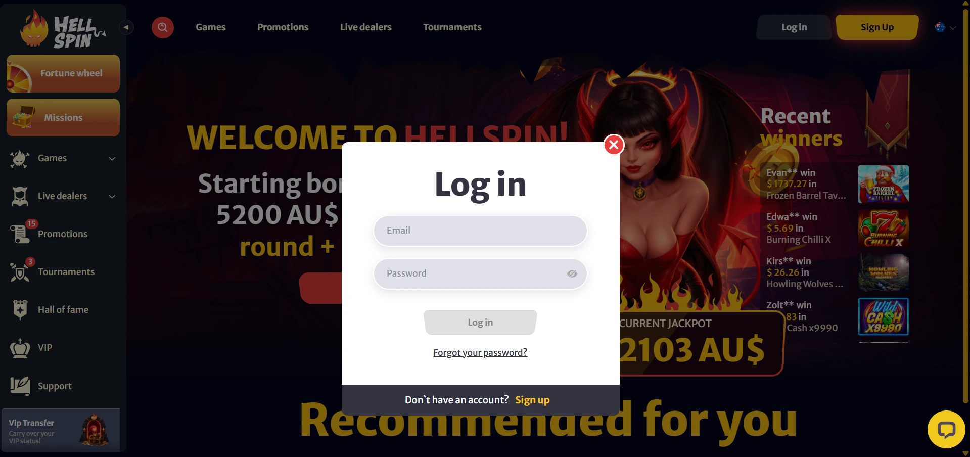 Hell Spin sign-in screen asking for an email and a password